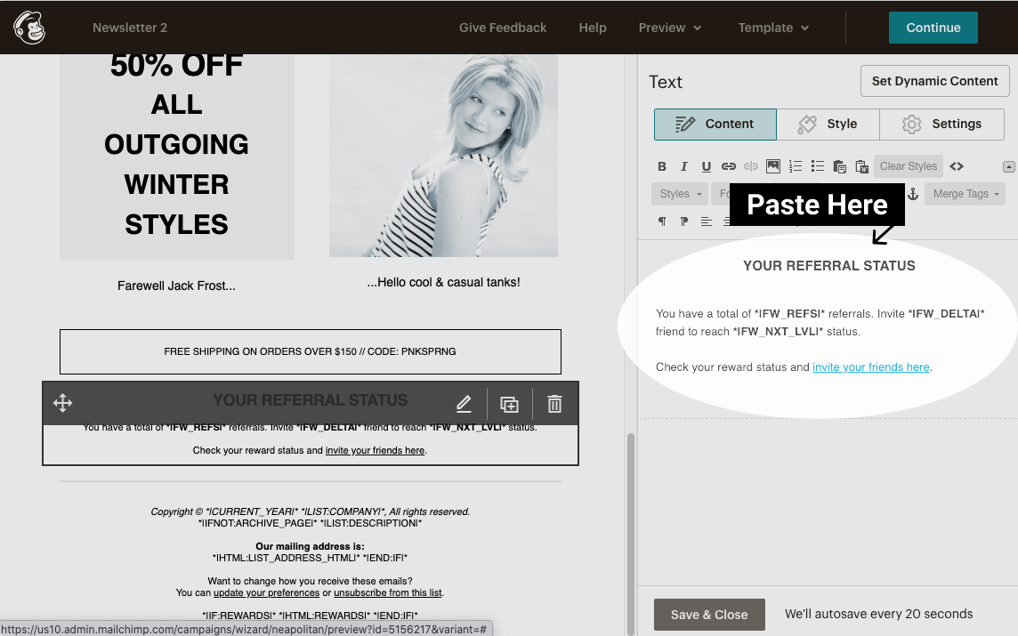 Firewards and Mailchimp Referral Campaign - Paste Referral Merge Tags into Campaign Editor