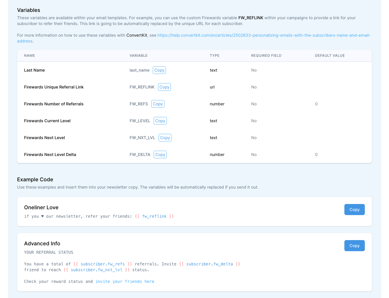 Firewards and ConvertKit Referral Program Variables for Email Design